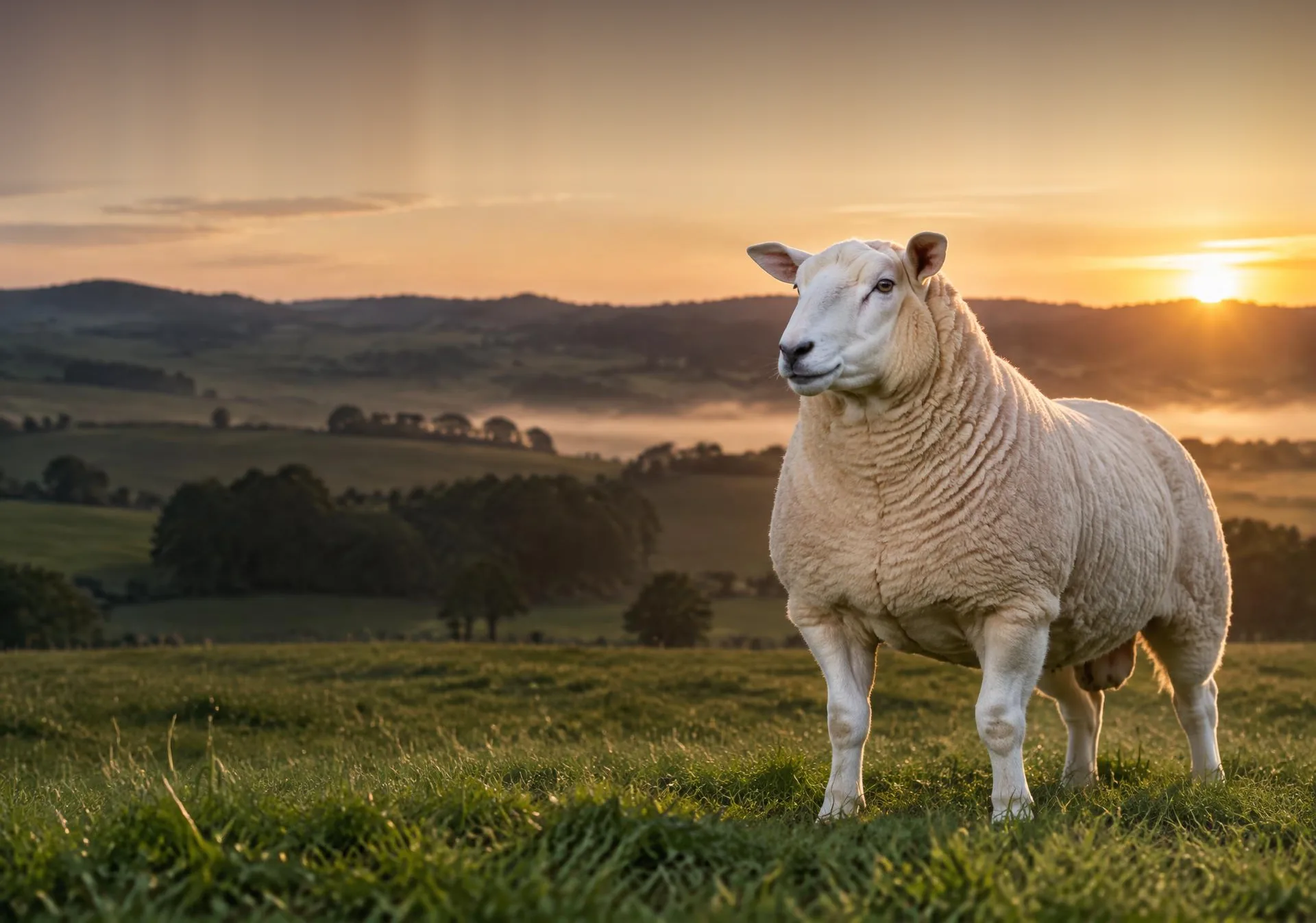 Ovino Texel em destaque na pastagem ao amanhecer